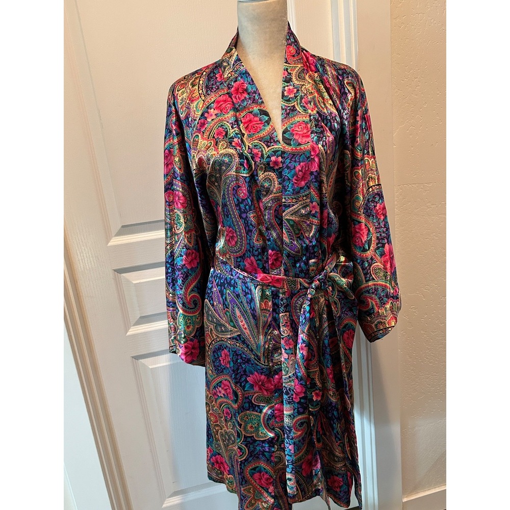 SOLANGE VTG Women Paisley Cottage Core Satin Finish Night Robe SZ 14-20